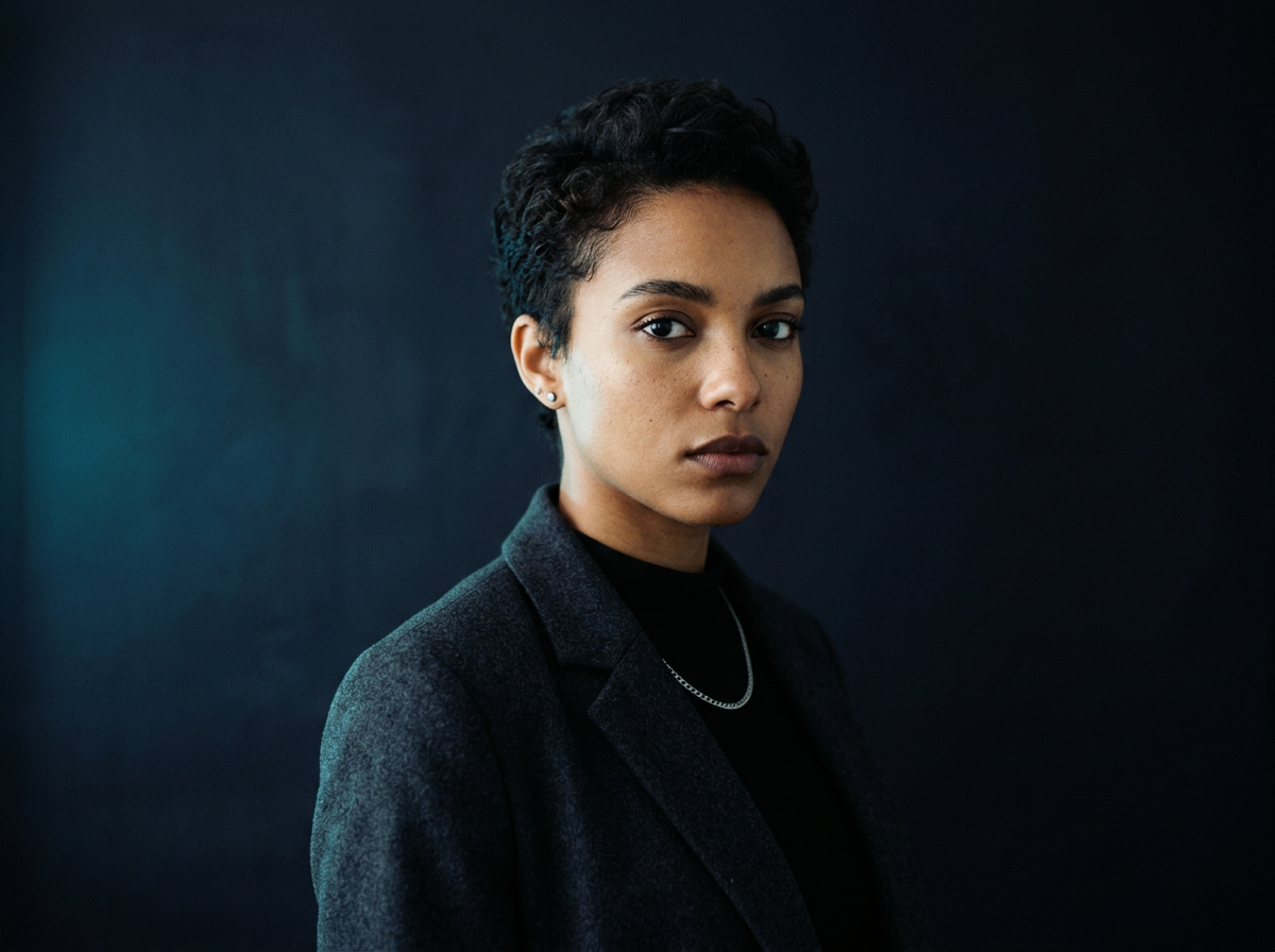 Retrato de uma mulher jovem, especialista em leitura de sinais do destino, com estética clean e moderna.