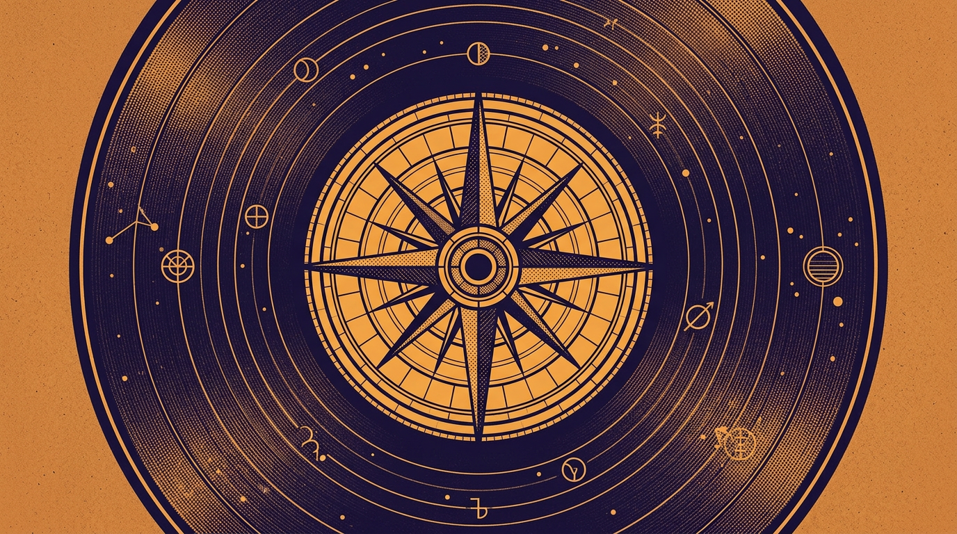 Mapa astral ilustrado com casas astrológicas e planetas em estilo retrô