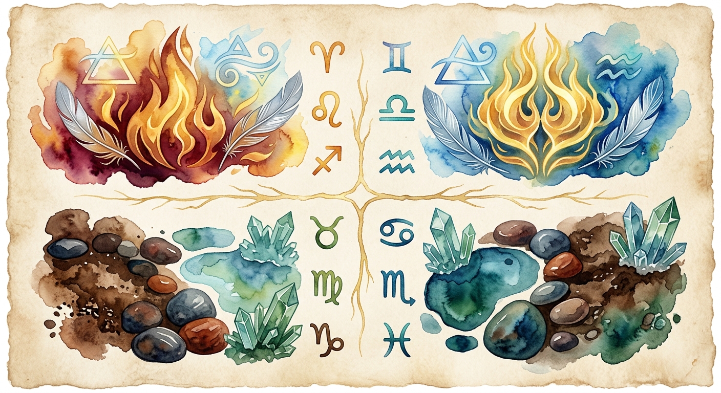 Flat-lay dos quatro elementos com símbolos de Áries, Leão, Câncer e Peixes em aquarela