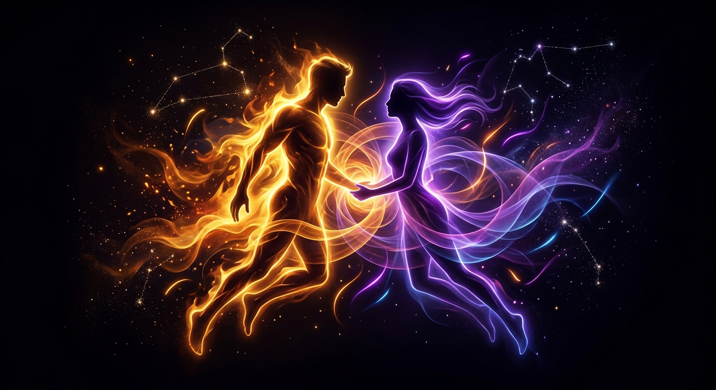 Homem de Leão e parceira em arte abstrata com camadas de luz dourada e violeta