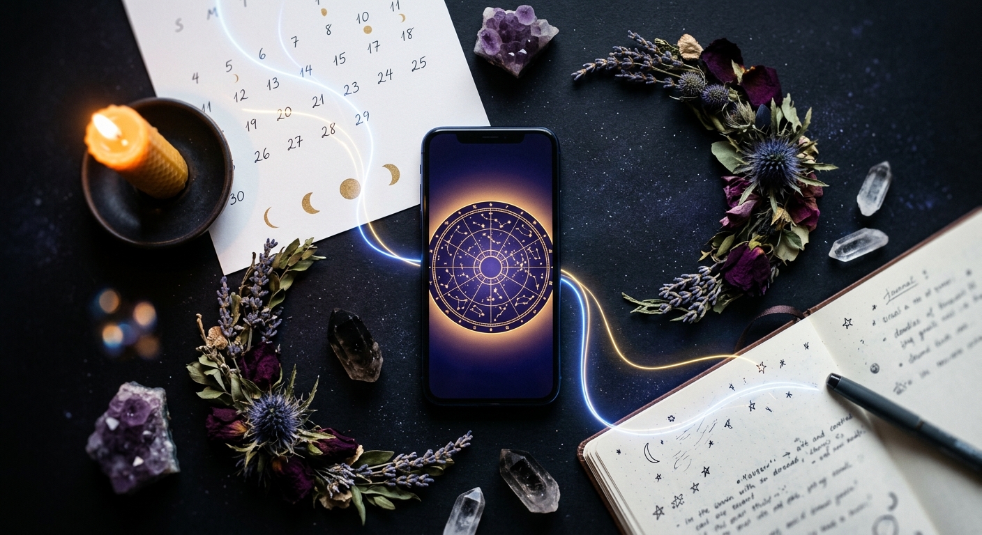 Flat-lay com calendário lunar, smartphone com mapa de trânsitos planetários e Lua Cheia brilhante