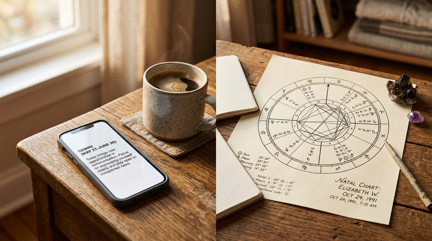 Smartphone com horóscopo diário ao lado de mapa astral com signo solar e ascendente