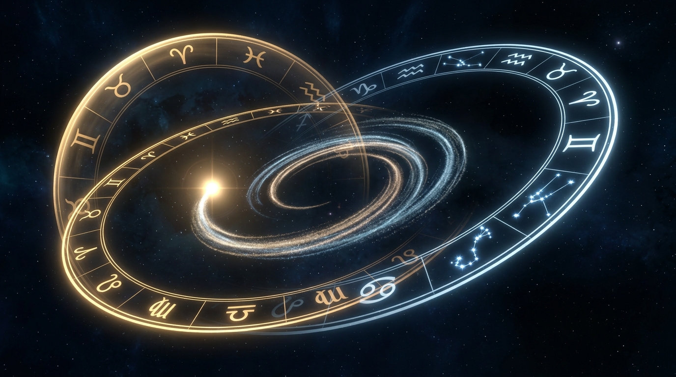 Dois zodíacos em movimento — astrologia ocidental e sideral divergindo pela precessão dos equinócios