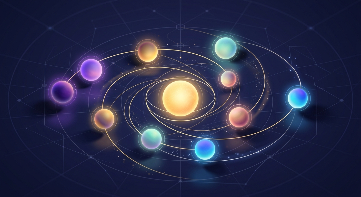 Mapa astral completo com planetas Sol, Lua e Plutão em composição abstrata