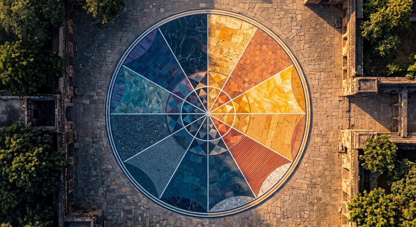 Vista aérea de mandala geométrica com 12 seções contrastando luz e sombra, simbolizando os signos do zodíaco e ascendente