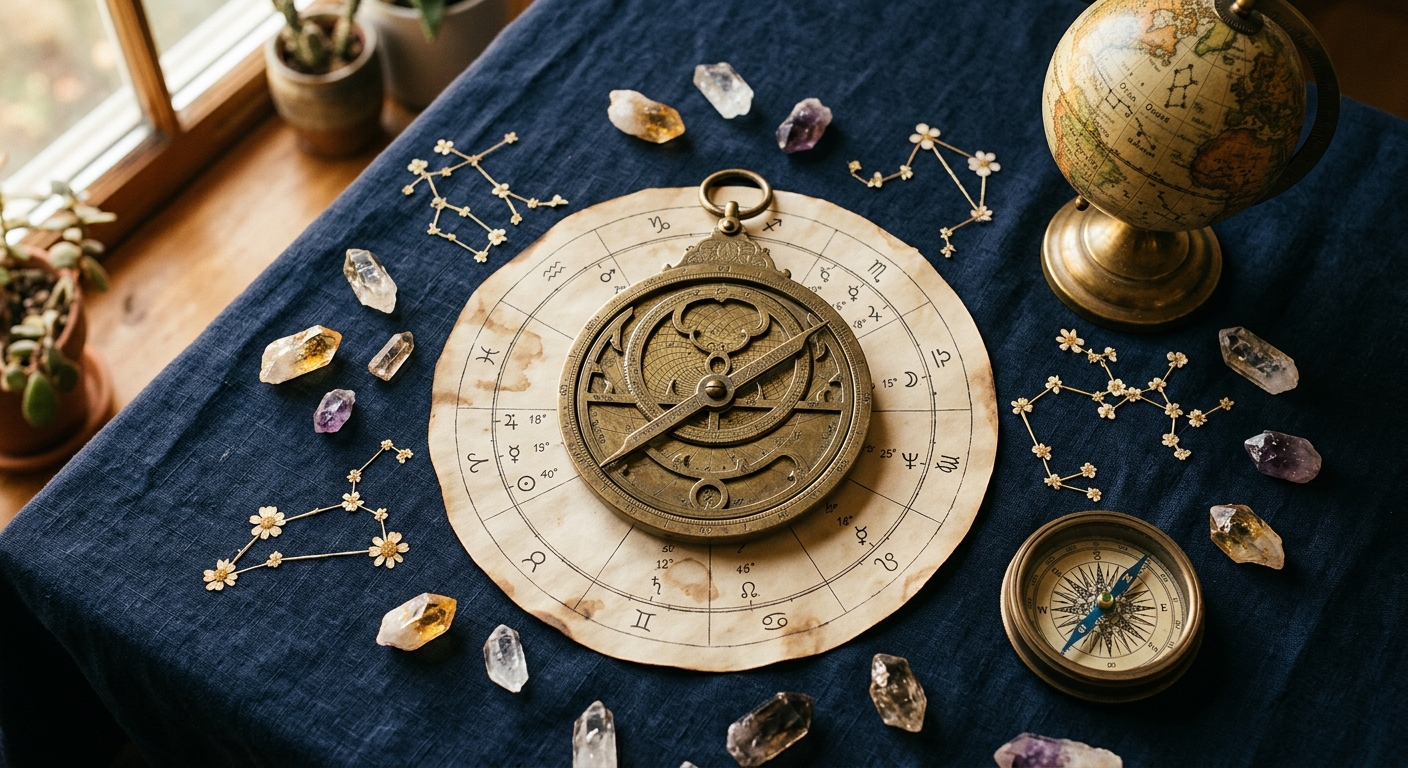 Mapa astral manuscrito com ascendente e Primeira Casa destacados sobre pergaminho