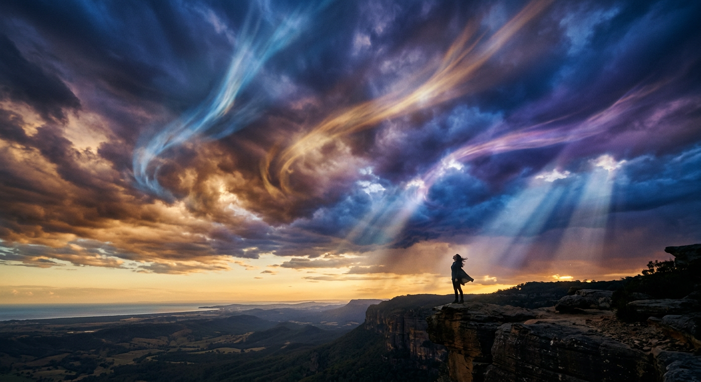 Céu dramático ao entardecer representando o elemento ar com Gêmeos, Libra e Aquário