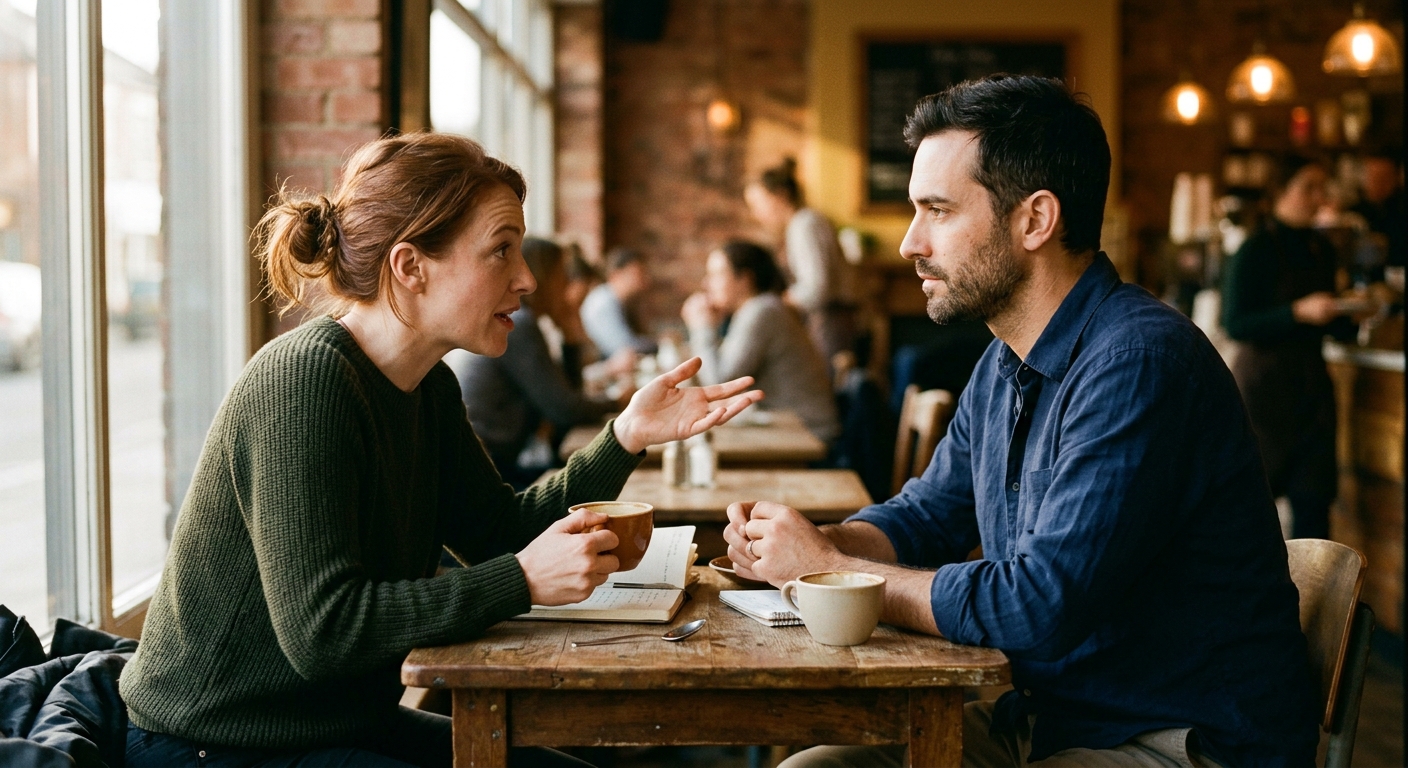 Duas pessoas com personalidades fortes em conversa intensa, representando a tensão entre Leão e Escorpião