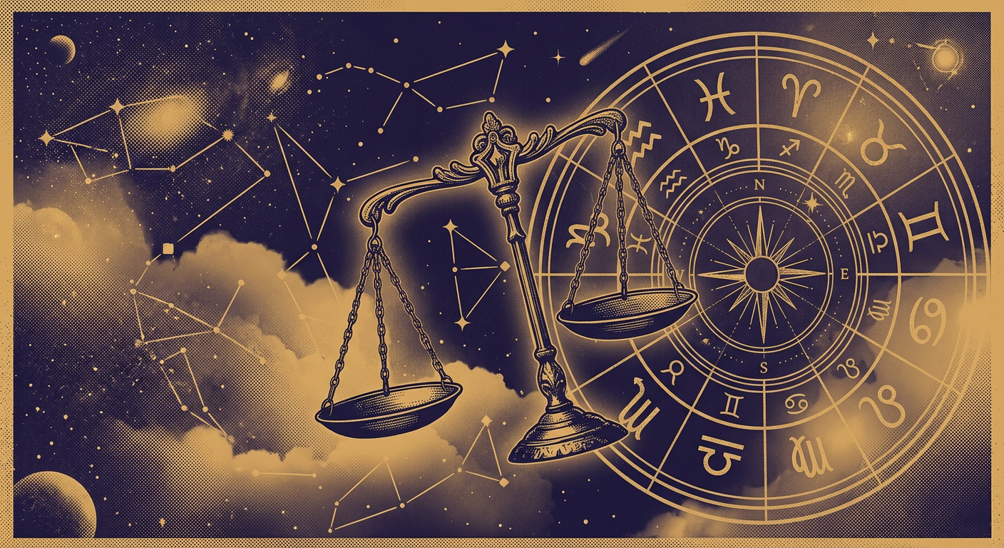 Balança de Libra em desequilíbrio com símbolos de Capricórnio e Câncer ao redor