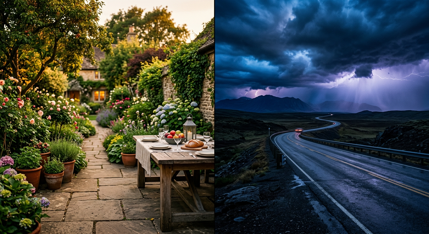 Contraste entre jardim estável de Touro e estrada imprevisível sob céu dramático com signos fixos