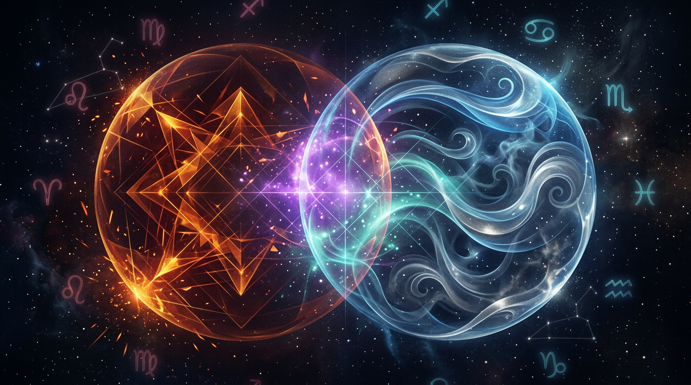 Dois círculos astrais de Escorpião e Aquário se fundindo em arte abstrata neon