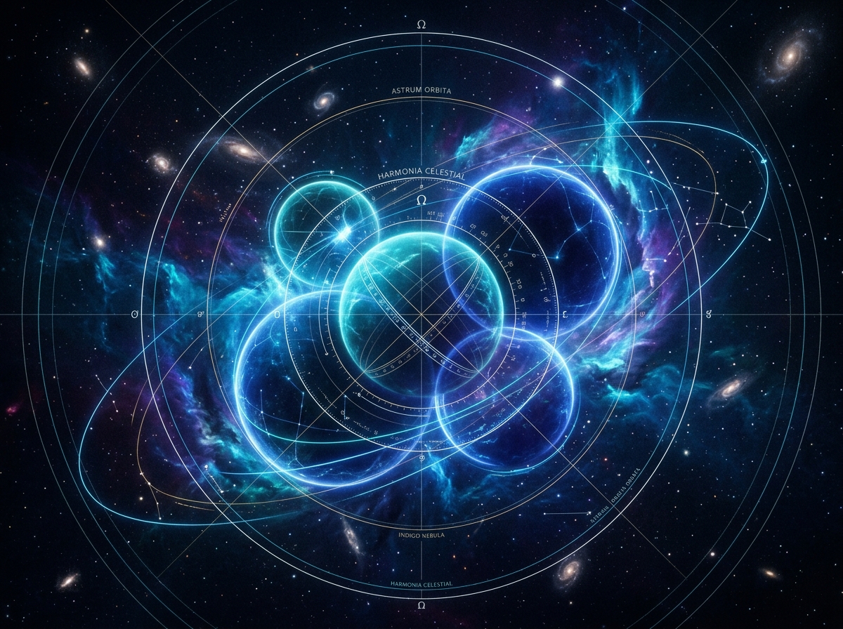Representação abstrata de esferas celestiais cruzando órbitas, simbolizando a tensão e alinhamento da compatibilidade entre signos.